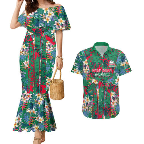 South Sydney Rabbitohs Couples Matching Mermaid Dress and Hawaiian Shirt Tropical Hibiscus Floral Pattern With Green And Red Accents