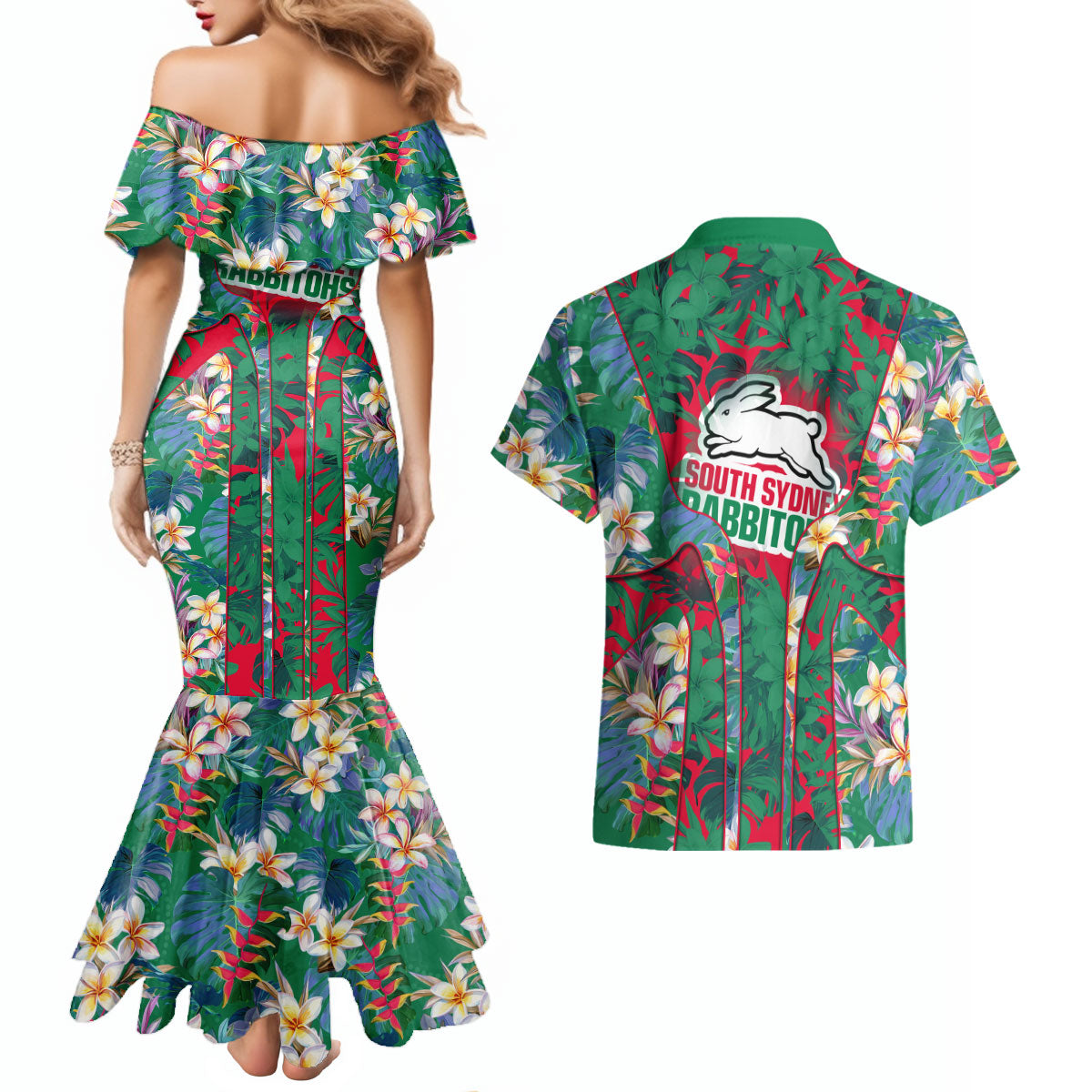 South Sydney Rabbitohs Couples Matching Mermaid Dress and Hawaiian Shirt Tropical Hibiscus Floral Pattern With Green And Red Accents