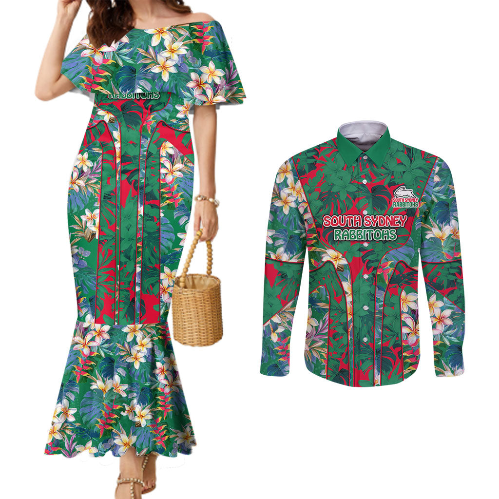 South Sydney Rabbitohs Couples Matching Mermaid Dress and Long Sleeve Button Shirt Tropical Hibiscus Floral Pattern With Green And Red Accents