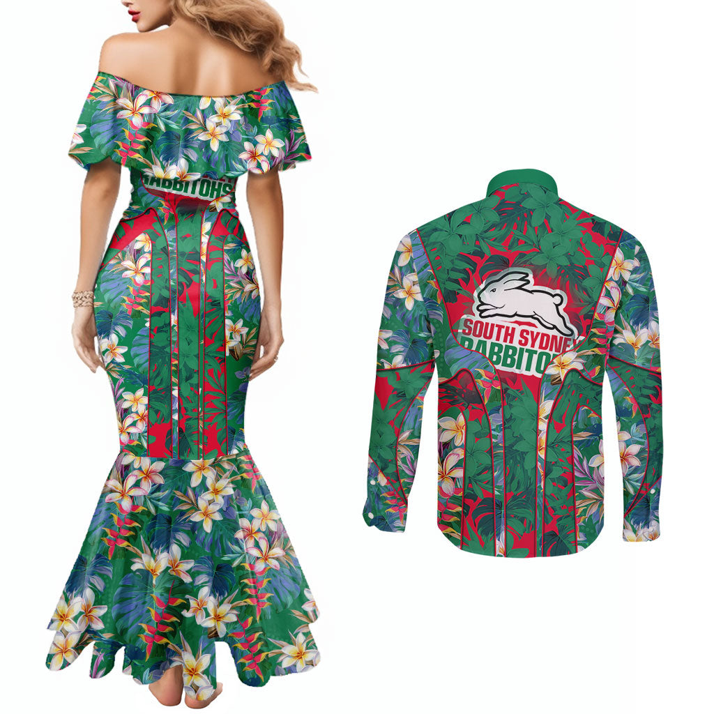 South Sydney Rabbitohs Couples Matching Mermaid Dress and Long Sleeve Button Shirt Tropical Hibiscus Floral Pattern With Green And Red Accents