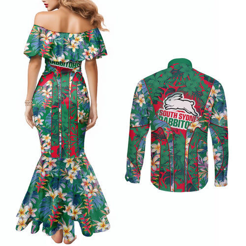 South Sydney Rabbitohs Couples Matching Mermaid Dress and Long Sleeve Button Shirt Tropical Hibiscus Floral Pattern With Green And Red Accents