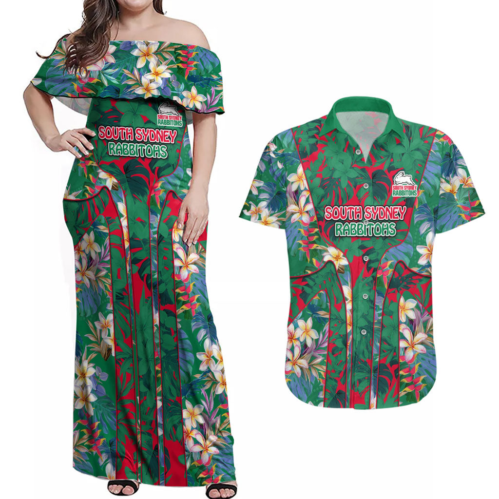 South Sydney Rabbitohs Couples Matching Off Shoulder Maxi Dress and Hawaiian Shirt Tropical Hibiscus Floral Pattern With Green And Red Accents