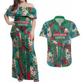 South Sydney Rabbitohs Couples Matching Off Shoulder Maxi Dress and Hawaiian Shirt Tropical Hibiscus Floral Pattern With Green And Red Accents