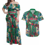 South Sydney Rabbitohs Couples Matching Off Shoulder Maxi Dress and Hawaiian Shirt Tropical Hibiscus Floral Pattern With Green And Red Accents