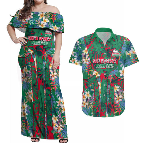 South Sydney Rabbitohs Couples Matching Off Shoulder Maxi Dress and Hawaiian Shirt Tropical Hibiscus Floral Pattern With Green And Red Accents