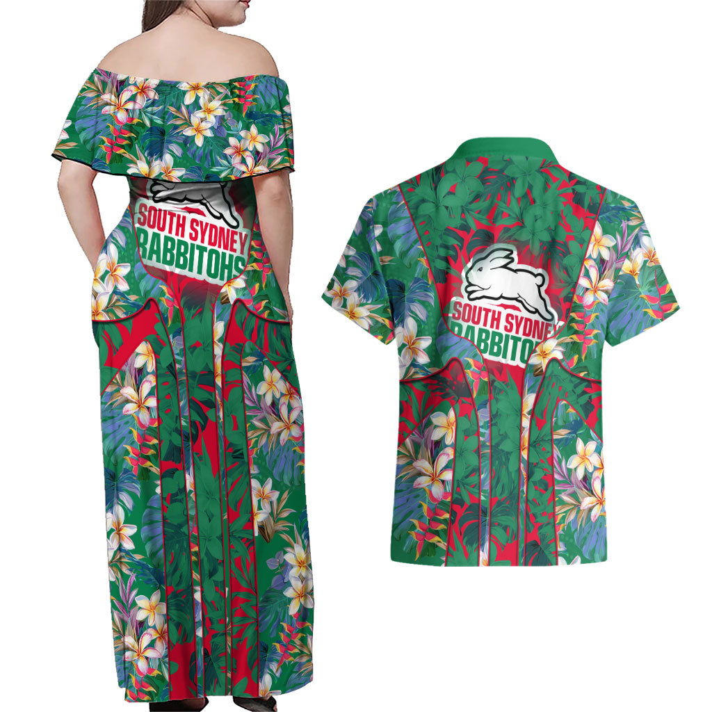 South Sydney Rabbitohs Couples Matching Off Shoulder Maxi Dress and Hawaiian Shirt Tropical Hibiscus Floral Pattern With Green And Red Accents