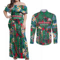 South Sydney Rabbitohs Couples Matching Off Shoulder Maxi Dress and Long Sleeve Button Shirt Tropical Hibiscus Floral Pattern With Green And Red Accents