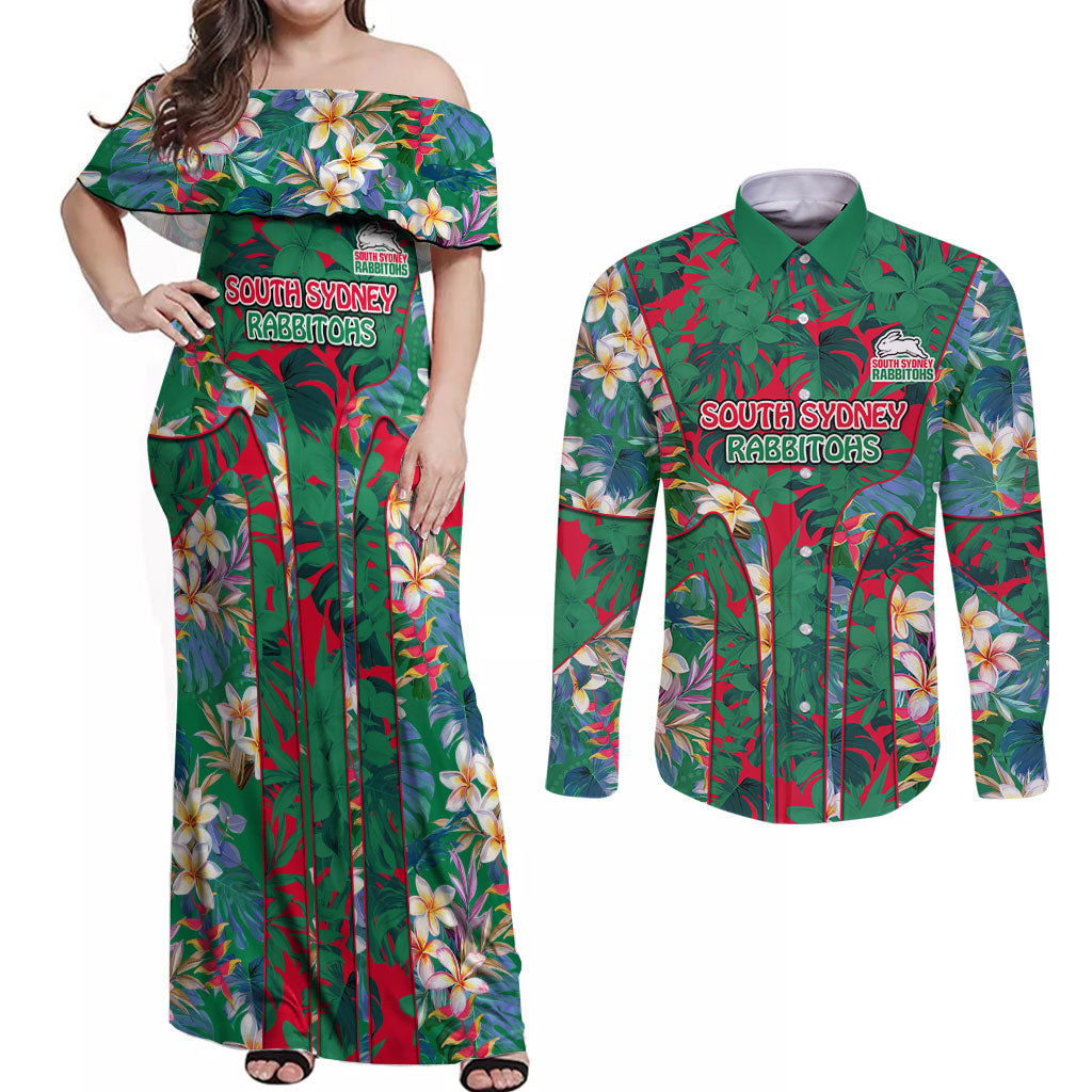 South Sydney Rabbitohs Couples Matching Off Shoulder Maxi Dress and Long Sleeve Button Shirt Tropical Hibiscus Floral Pattern With Green And Red Accents