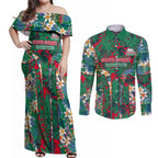 South Sydney Rabbitohs Couples Matching Off Shoulder Maxi Dress and Long Sleeve Button Shirt Tropical Hibiscus Floral Pattern With Green And Red Accents