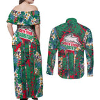 South Sydney Rabbitohs Couples Matching Off Shoulder Maxi Dress and Long Sleeve Button Shirt Tropical Hibiscus Floral Pattern With Green And Red Accents