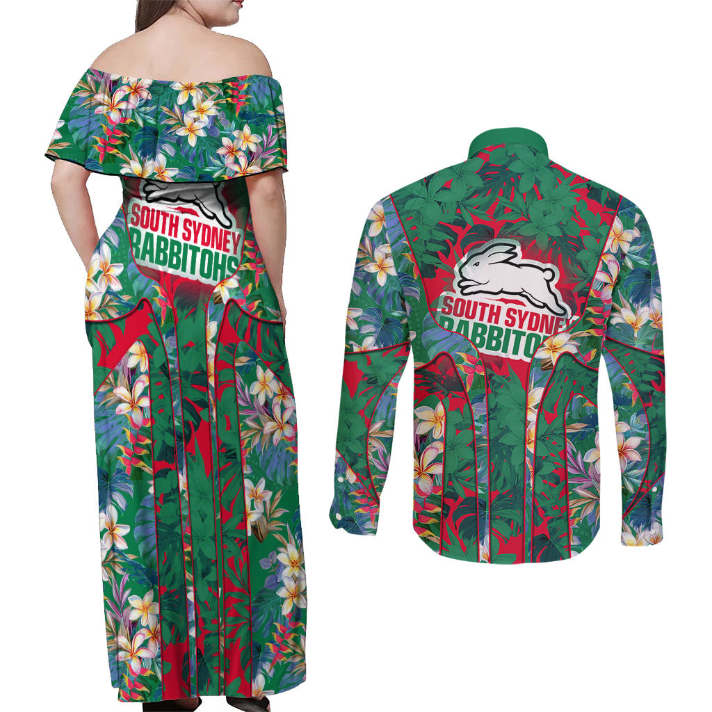South Sydney Rabbitohs Couples Matching Off Shoulder Maxi Dress and Long Sleeve Button Shirt Tropical Hibiscus Floral Pattern With Green And Red Accents