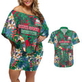 South Sydney Rabbitohs Couples Matching Off Shoulder Short Dress and Hawaiian Shirt Tropical Hibiscus Floral Pattern With Green And Red Accents