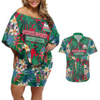 South Sydney Rabbitohs Couples Matching Off Shoulder Short Dress and Hawaiian Shirt Tropical Hibiscus Floral Pattern With Green And Red Accents