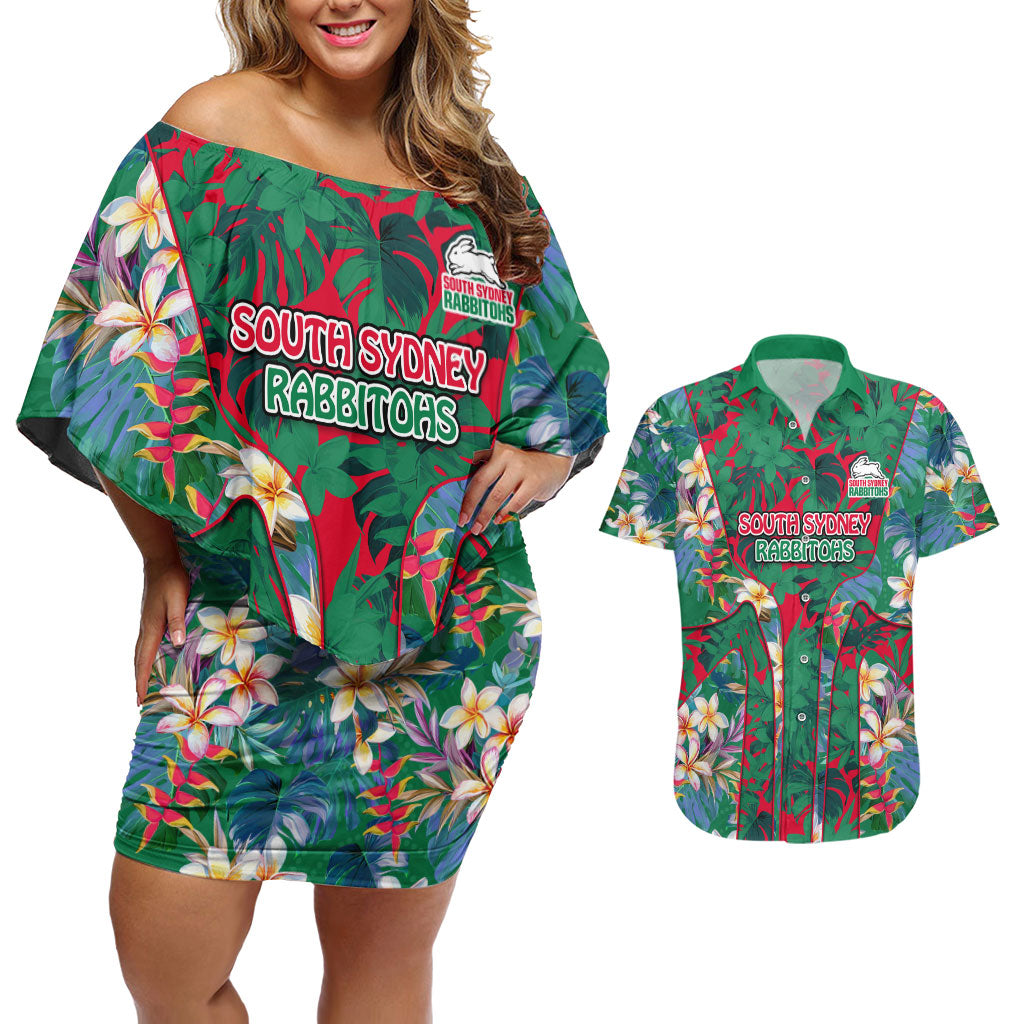South Sydney Rabbitohs Couples Matching Off Shoulder Short Dress and Hawaiian Shirt Tropical Hibiscus Floral Pattern With Green And Red Accents