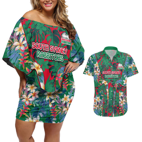 South Sydney Rabbitohs Couples Matching Off Shoulder Short Dress and Hawaiian Shirt Tropical Hibiscus Floral Pattern With Green And Red Accents