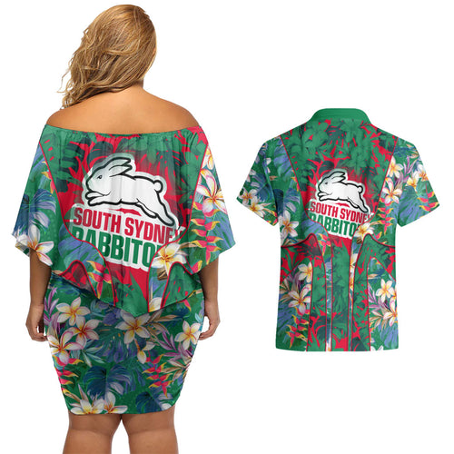 South Sydney Rabbitohs Couples Matching Off Shoulder Short Dress and Hawaiian Shirt Tropical Hibiscus Floral Pattern With Green And Red Accents