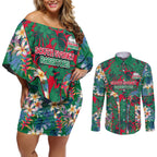 South Sydney Rabbitohs Couples Matching Off Shoulder Short Dress and Long Sleeve Button Shirt Tropical Hibiscus Floral Pattern With Green And Red Accents