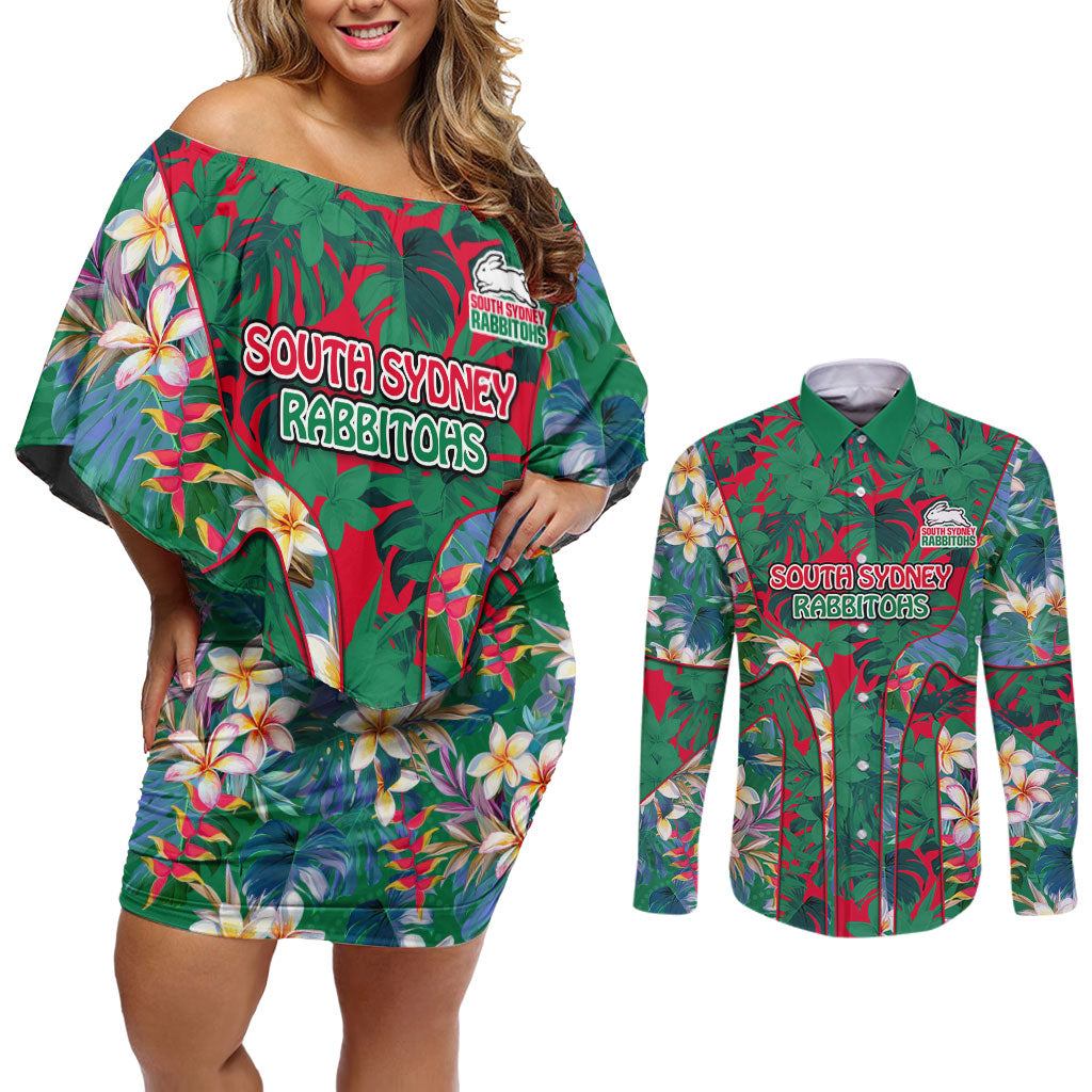 South Sydney Rabbitohs Couples Matching Off Shoulder Short Dress and Long Sleeve Button Shirt Tropical Hibiscus Floral Pattern With Green And Red Accents