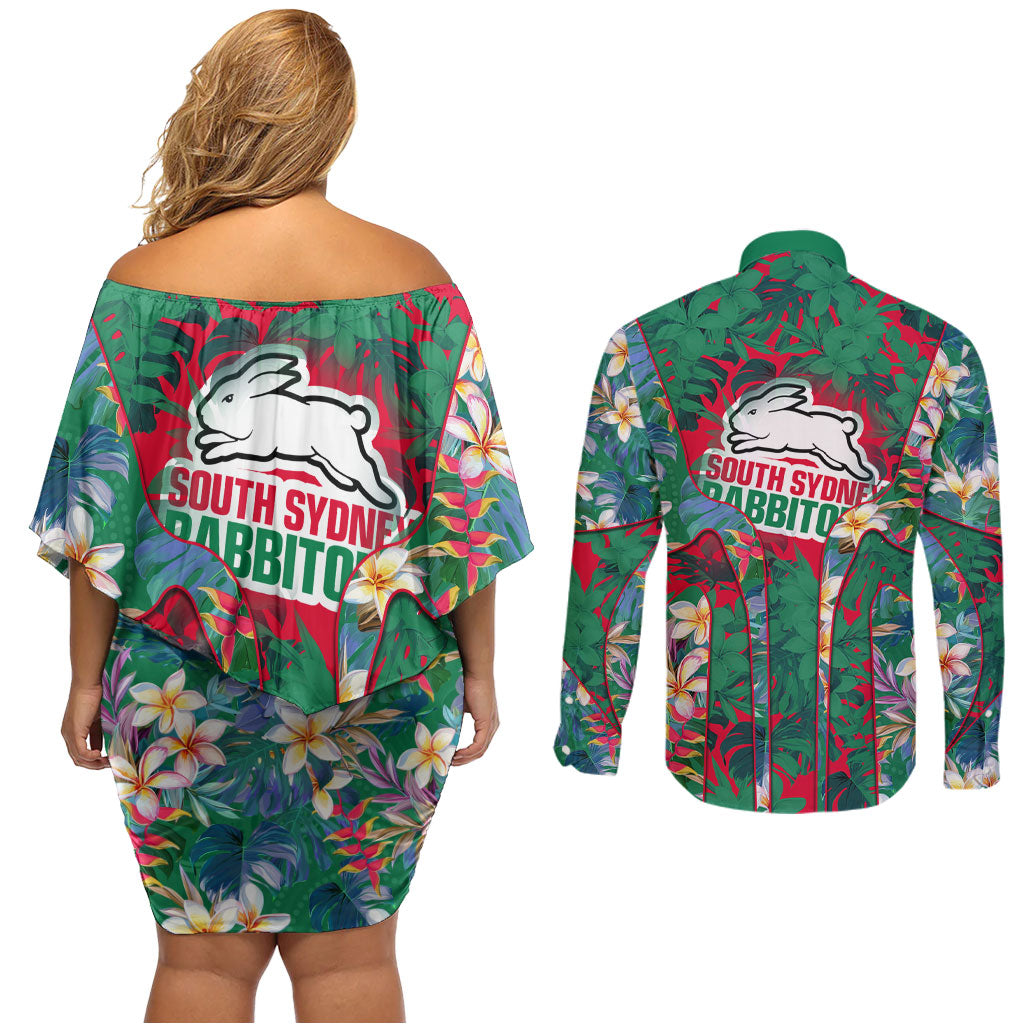 South Sydney Rabbitohs Couples Matching Off Shoulder Short Dress and Long Sleeve Button Shirt Tropical Hibiscus Floral Pattern With Green And Red Accents