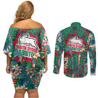 South Sydney Rabbitohs Couples Matching Off Shoulder Short Dress and Long Sleeve Button Shirt Tropical Hibiscus Floral Pattern With Green And Red Accents