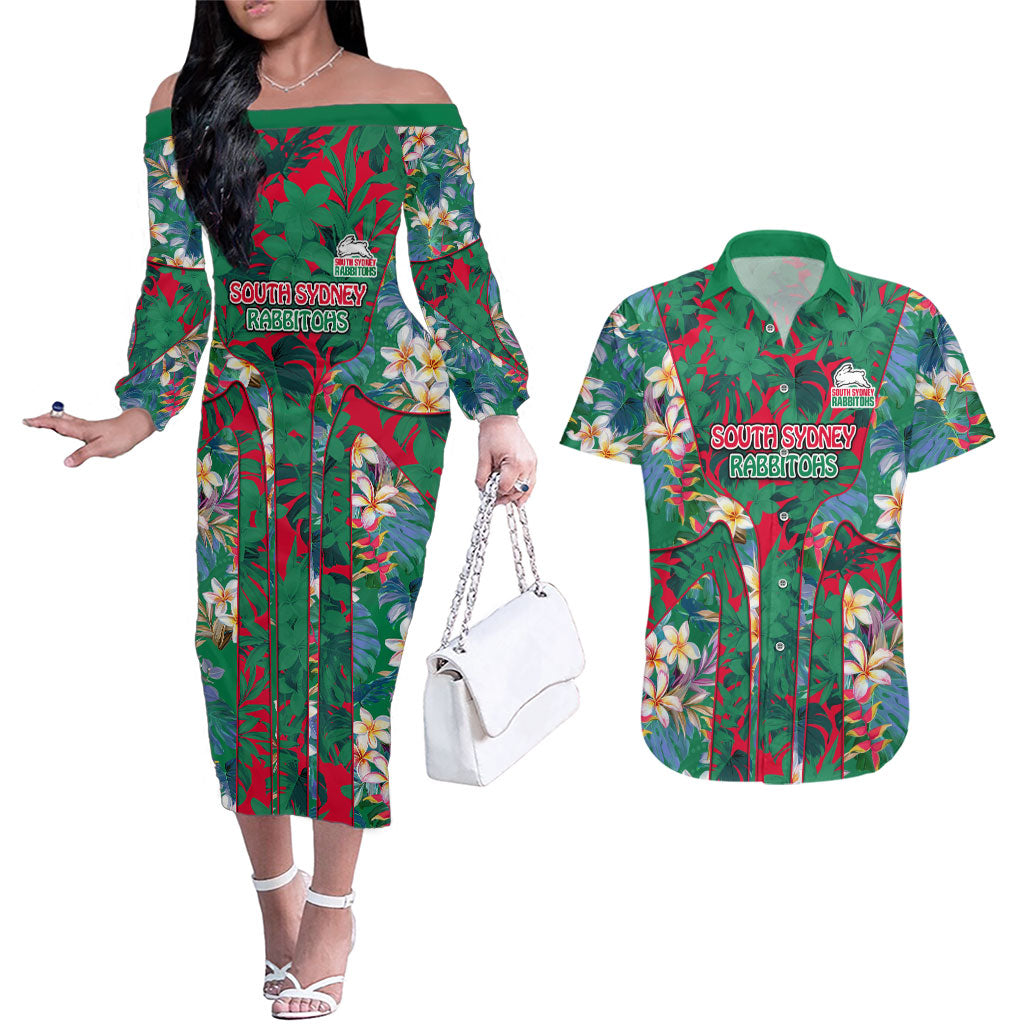 South Sydney Rabbitohs Couples Matching Off The Shoulder Long Sleeve Dress and Hawaiian Shirt Tropical Hibiscus Floral Pattern With Green And Red Accents