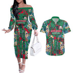 South Sydney Rabbitohs Couples Matching Off The Shoulder Long Sleeve Dress and Hawaiian Shirt Tropical Hibiscus Floral Pattern With Green And Red Accents
