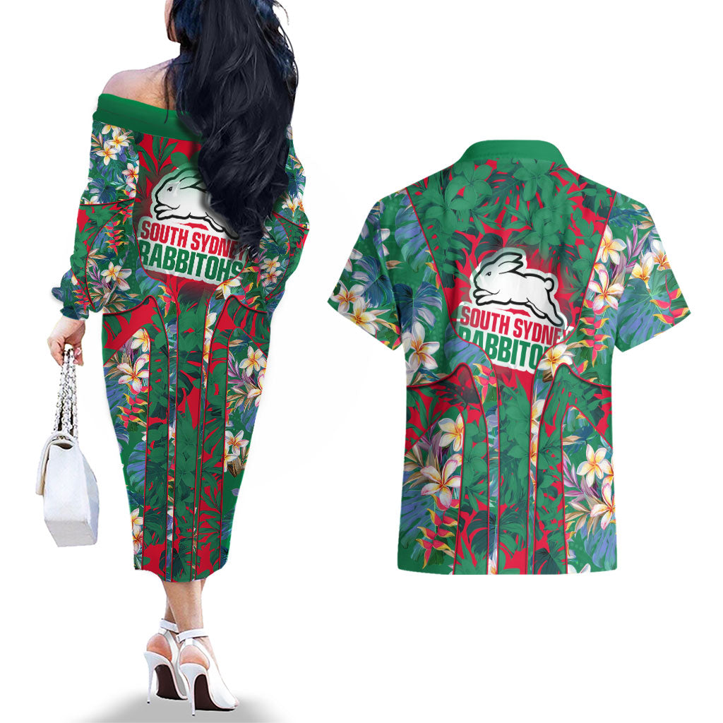 South Sydney Rabbitohs Couples Matching Off The Shoulder Long Sleeve Dress and Hawaiian Shirt Tropical Hibiscus Floral Pattern With Green And Red Accents