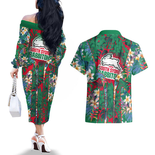 South Sydney Rabbitohs Couples Matching Off The Shoulder Long Sleeve Dress and Hawaiian Shirt Tropical Hibiscus Floral Pattern With Green And Red Accents
