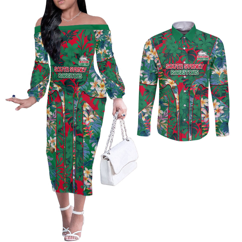 South Sydney Rabbitohs Couples Matching Off The Shoulder Long Sleeve Dress and Long Sleeve Button Shirt Tropical Hibiscus Floral Pattern With Green And Red Accents