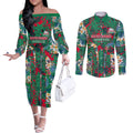 South Sydney Rabbitohs Couples Matching Off The Shoulder Long Sleeve Dress and Long Sleeve Button Shirt Tropical Hibiscus Floral Pattern With Green And Red Accents
