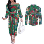South Sydney Rabbitohs Couples Matching Off The Shoulder Long Sleeve Dress and Long Sleeve Button Shirt Tropical Hibiscus Floral Pattern With Green And Red Accents