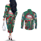 South Sydney Rabbitohs Couples Matching Off The Shoulder Long Sleeve Dress and Long Sleeve Button Shirt Tropical Hibiscus Floral Pattern With Green And Red Accents
