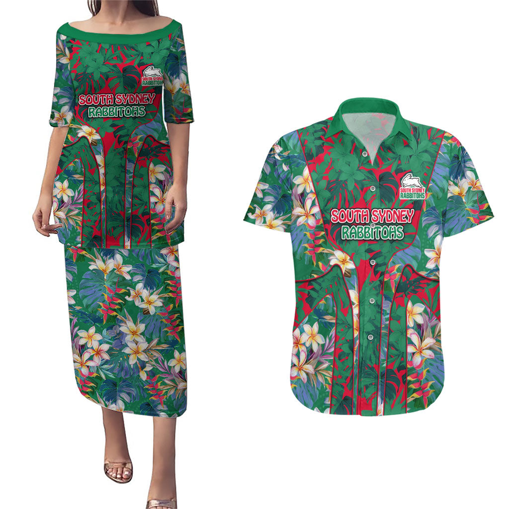 South Sydney Rabbitohs Couples Matching Puletasi and Hawaiian Shirt Tropical Hibiscus Floral Pattern With Green And Red Accents
