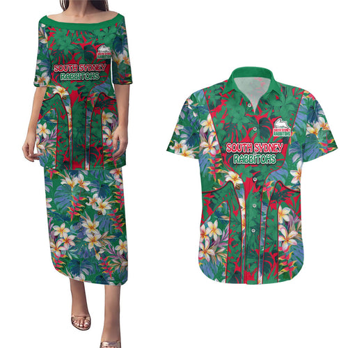 South Sydney Rabbitohs Couples Matching Puletasi and Hawaiian Shirt Tropical Hibiscus Floral Pattern With Green And Red Accents