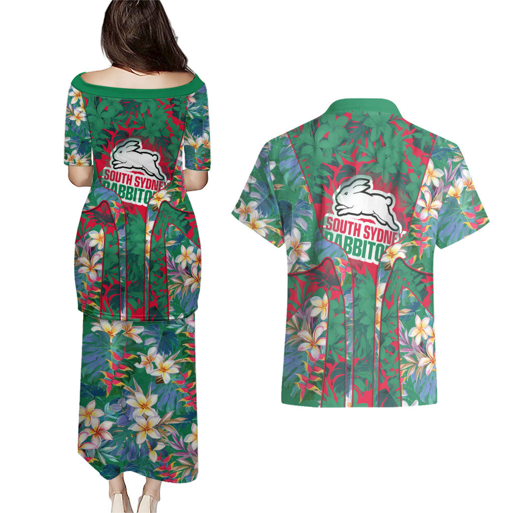 South Sydney Rabbitohs Couples Matching Puletasi and Hawaiian Shirt Tropical Hibiscus Floral Pattern With Green And Red Accents