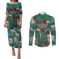 South Sydney Rabbitohs Couples Matching Puletasi and Long Sleeve Button Shirt Tropical Hibiscus Floral Pattern With Green And Red Accents