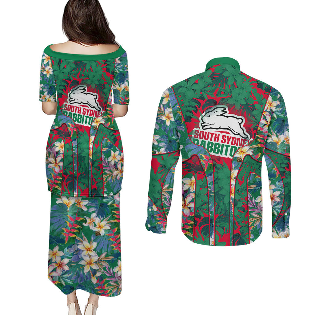 South Sydney Rabbitohs Couples Matching Puletasi and Long Sleeve Button Shirt Tropical Hibiscus Floral Pattern With Green And Red Accents