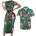 South Sydney Rabbitohs Couples Matching Short Sleeve Bodycon Dress and Hawaiian Shirt Tropical Hibiscus Floral Pattern With Green And Red Accents