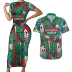 South Sydney Rabbitohs Couples Matching Short Sleeve Bodycon Dress and Hawaiian Shirt Tropical Hibiscus Floral Pattern With Green And Red Accents