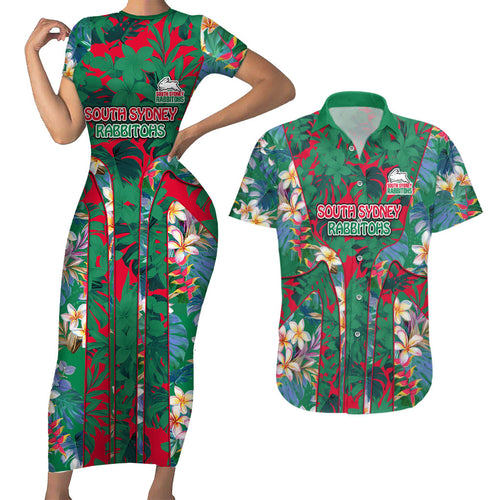South Sydney Rabbitohs Couples Matching Short Sleeve Bodycon Dress and Hawaiian Shirt Tropical Hibiscus Floral Pattern With Green And Red Accents