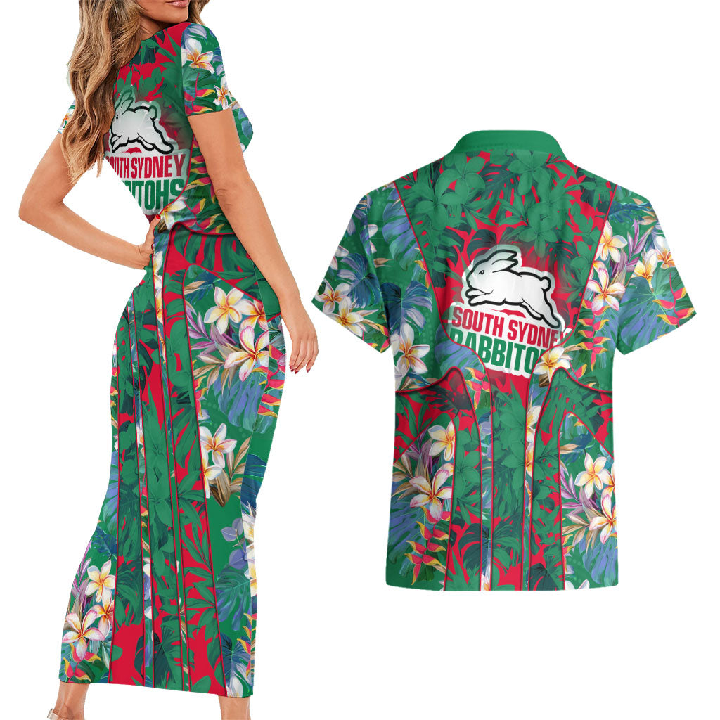 South Sydney Rabbitohs Couples Matching Short Sleeve Bodycon Dress and Hawaiian Shirt Tropical Hibiscus Floral Pattern With Green And Red Accents