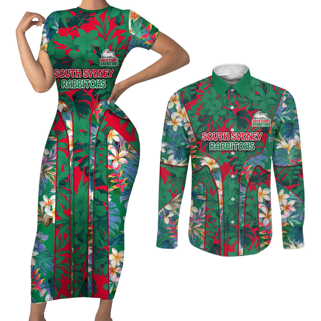 South Sydney Rabbitohs Couples Matching Short Sleeve Bodycon Dress and Long Sleeve Button Shirt Tropical Hibiscus Floral Pattern With Green And Red Accents