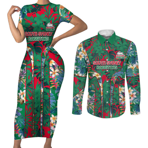 South Sydney Rabbitohs Couples Matching Short Sleeve Bodycon Dress and Long Sleeve Button Shirt Tropical Hibiscus Floral Pattern With Green And Red Accents