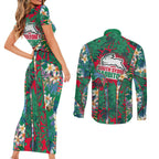 South Sydney Rabbitohs Couples Matching Short Sleeve Bodycon Dress and Long Sleeve Button Shirt Tropical Hibiscus Floral Pattern With Green And Red Accents