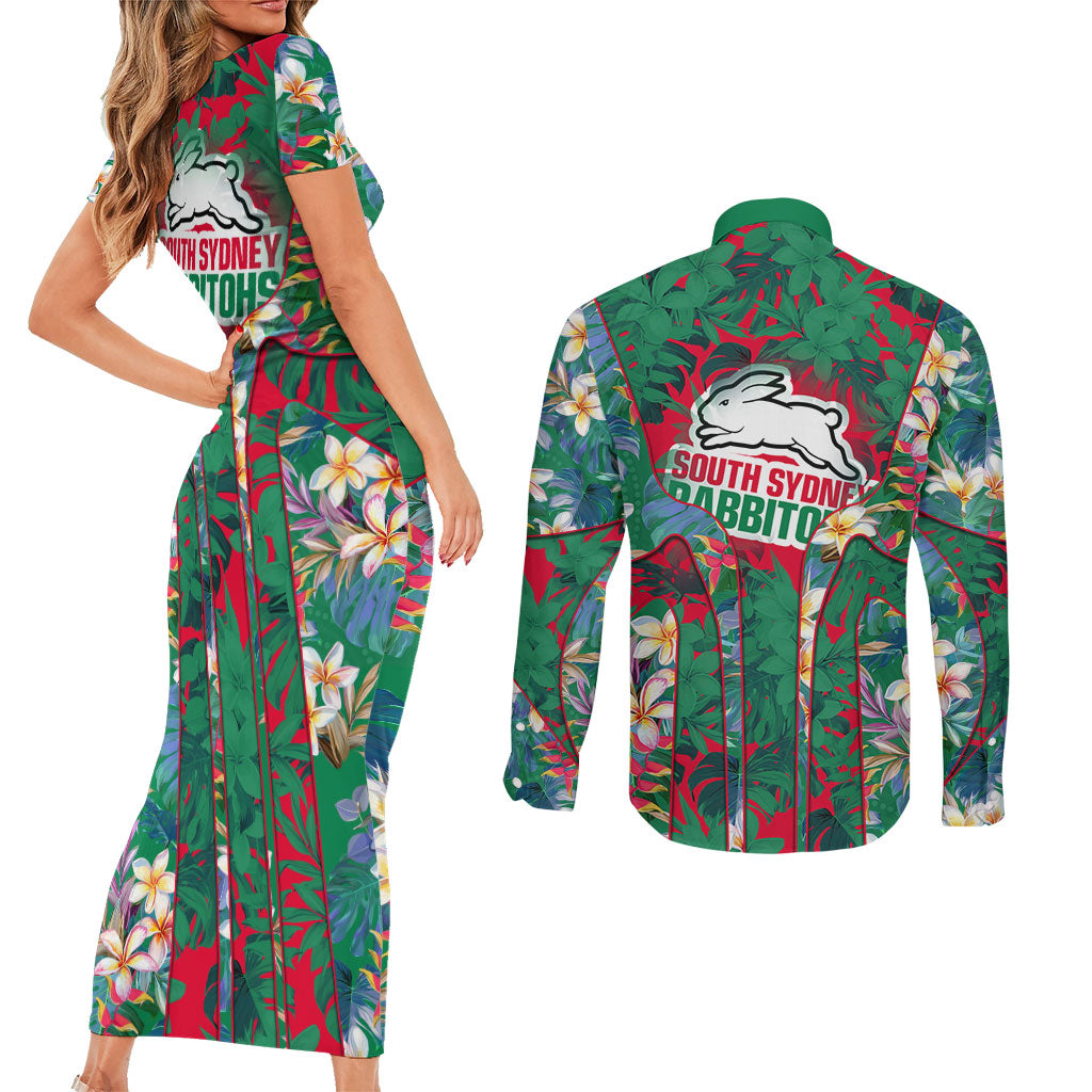 South Sydney Rabbitohs Couples Matching Short Sleeve Bodycon Dress and Long Sleeve Button Shirt Tropical Hibiscus Floral Pattern With Green And Red Accents