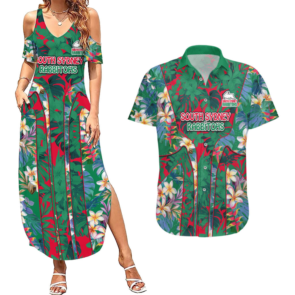 South Sydney Rabbitohs Couples Matching Summer Maxi Dress and Hawaiian Shirt Tropical Hibiscus Floral Pattern With Green And Red Accents