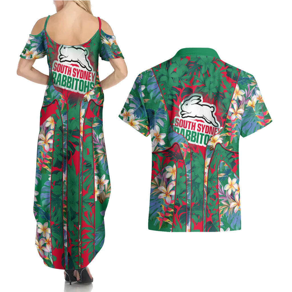 South Sydney Rabbitohs Couples Matching Summer Maxi Dress and Hawaiian Shirt Tropical Hibiscus Floral Pattern With Green And Red Accents