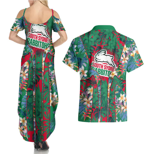 South Sydney Rabbitohs Couples Matching Summer Maxi Dress and Hawaiian Shirt Tropical Hibiscus Floral Pattern With Green And Red Accents