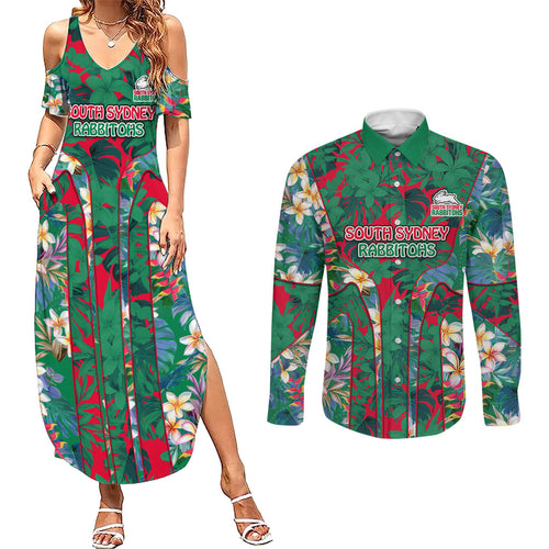 South Sydney Rabbitohs Couples Matching Summer Maxi Dress and Long Sleeve Button Shirt Tropical Hibiscus Floral Pattern With Green And Red Accents