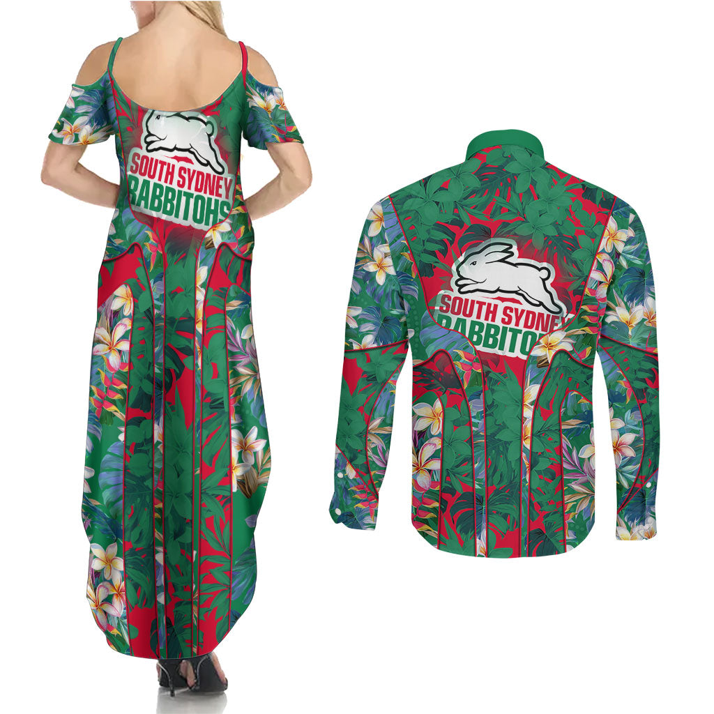 South Sydney Rabbitohs Couples Matching Summer Maxi Dress and Long Sleeve Button Shirt Tropical Hibiscus Floral Pattern With Green And Red Accents